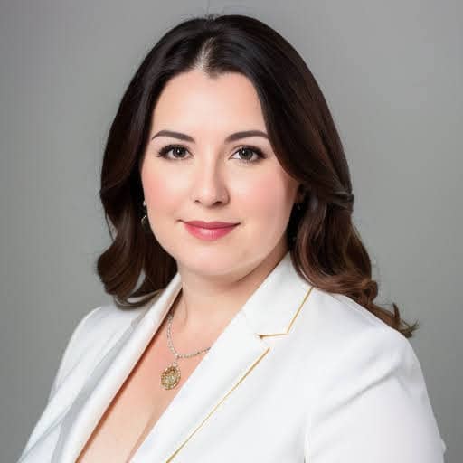 professional portrait of a white woman with white suit