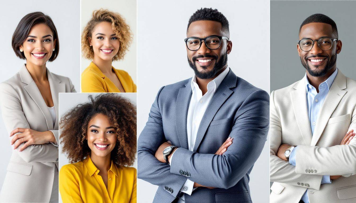 A collage of successful corporate photography examples showcasing diverse professional headshots.